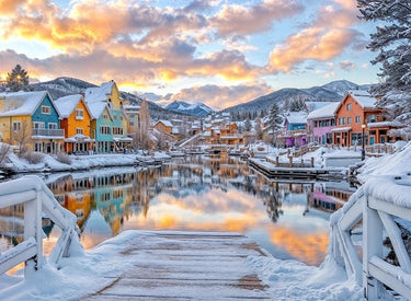 Winter Sunrise over Colorful Riverside Village Puzzle | MakeYourPuzzles
